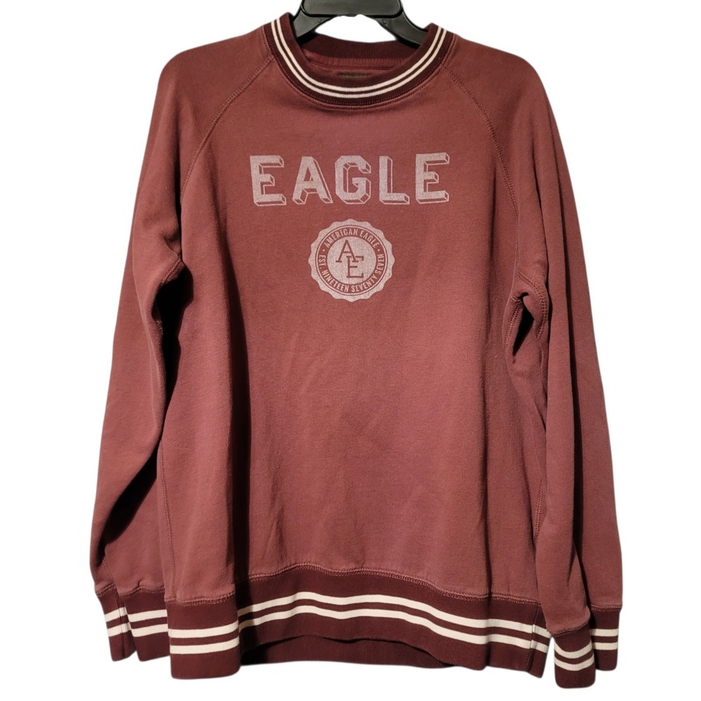 American Eagle Crew Neck Sweatshirt Mens L Maroon Ringed Spell Out 90s Y2K